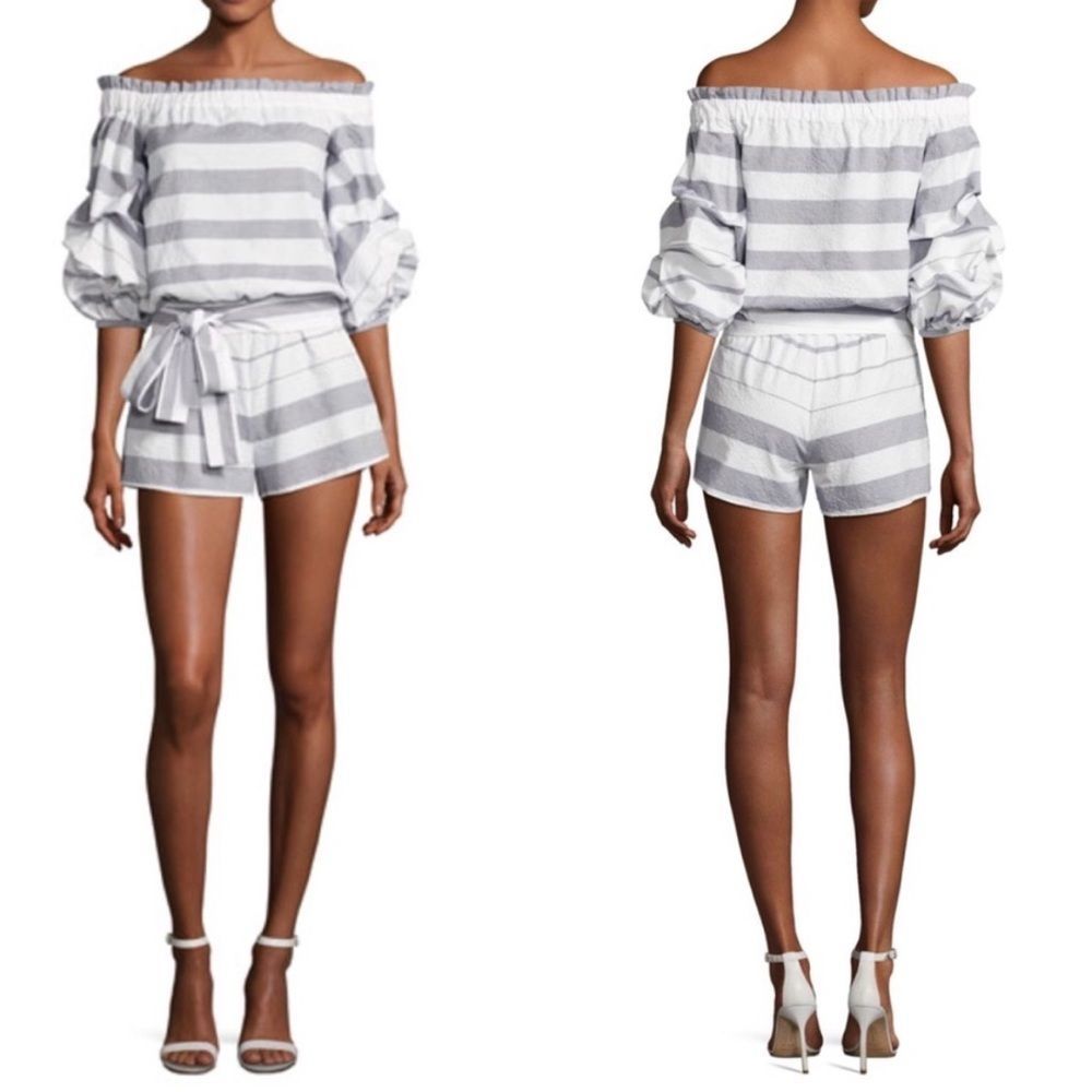 Alexis Blue White Stripe Off Shoulder Ruched Puff Sleeve Romper Women’s Small